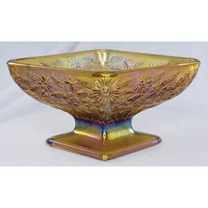 Vintage Indiana Carnival Glass Pineapple Floral Amber Footed Compote Bowl